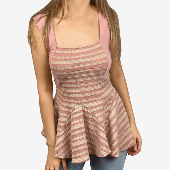 Free People Striped Peplum Top Size S Pink Cream Casual Soft Girl Romantic Retro - Picture 1 of 11